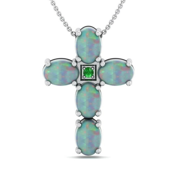 Genuine 2.73 Carat Oval Shaped Natural Opal 925 Sterling Silver Cross Pendant Necklace