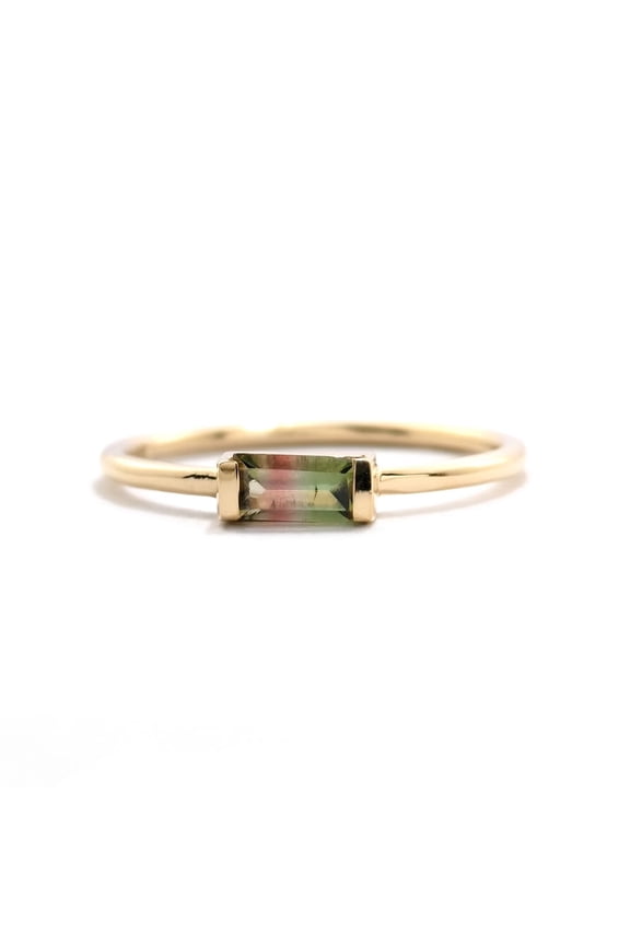 Genuine 2 x 4 MM Baguette Watermelon Tourmaline Ring, 925 Sterling Silver ,Yellow Gold Plated Band, Minimalist Stackable Ring, Cocktail Wedding Jewellery Gift For Her Ring Size 9 US