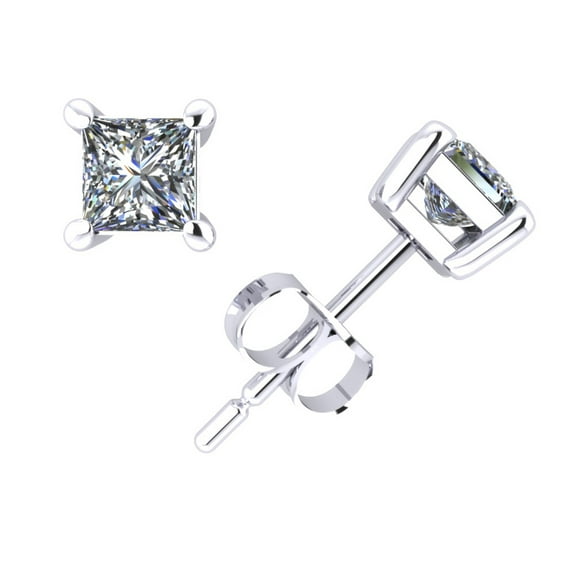 Genuine 3/4Ct Princess Cut Diamond Stud Earrings 14k White Gold Prong Push Back E VS1