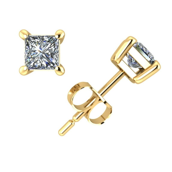 Genuine 3/4Ct Princess Cut Diamond Stud Earrings 14k Yellow Gold Prong Push Back E VS1