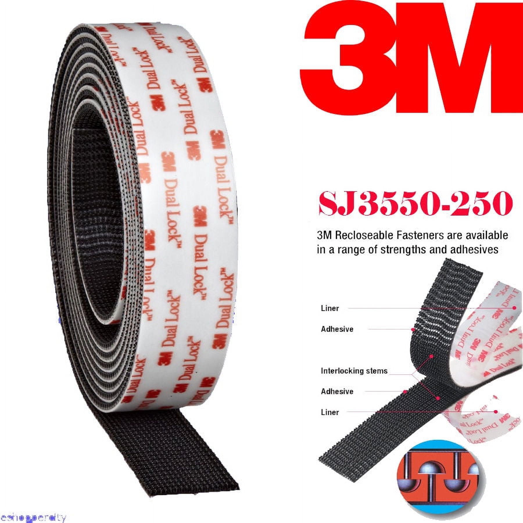 Genuine 3M Dual Lock SJ3550 Type 250 VHB Black Reclosable Fastener, 1  Width x 5' (60 inch) Indoor/Outdoor Mobile Glass E-Zpass Mounting Strips