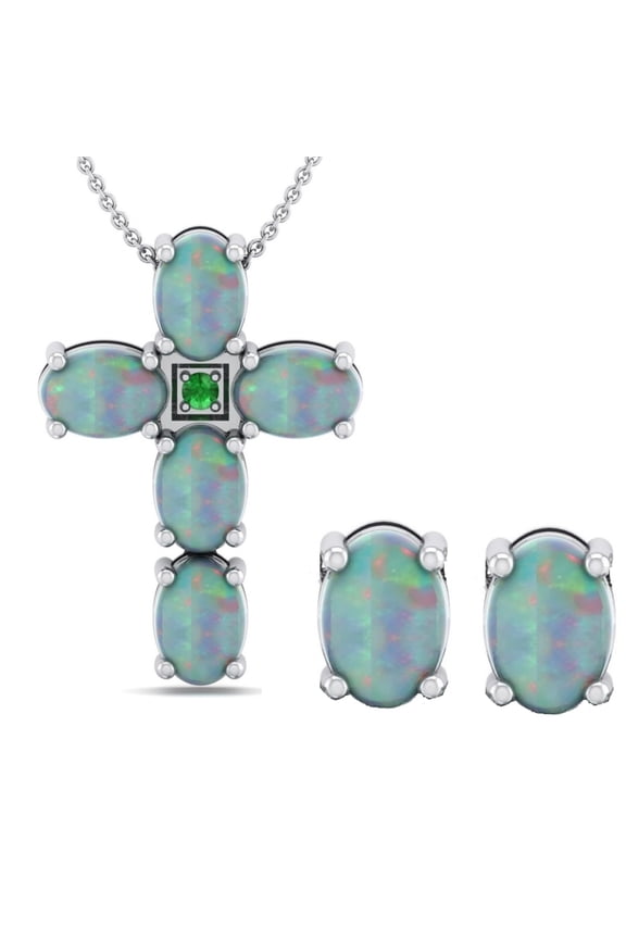 Genuine 4.25 Carat Oval Shaped Natural Opal Necklace & Earrings Set In 925 Sterling Silver