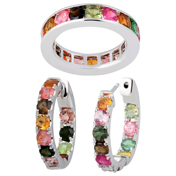 Genuine 8 Carat Natural Tourmaline Multi-Color Earrings & Ring Set In 925 Sterling Silver