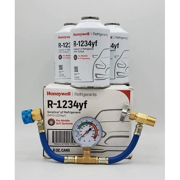 Genuine 8oz R1234YF Refrigerant (3 Freon Cans) & HD Brass Can Tap with Gauge