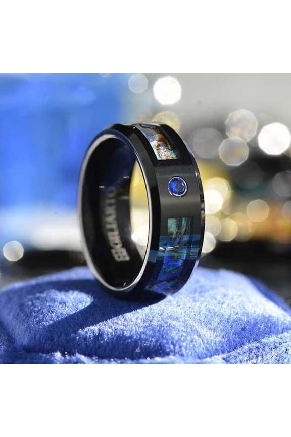 Genuine Abalone Shell With Sapphire Men's Tungsten Carbide Ring, Size 7