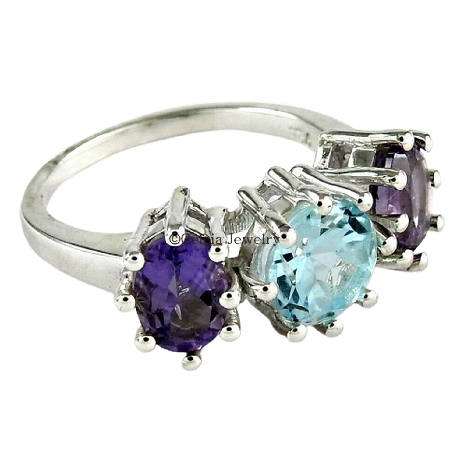 Genuine Amethyst & Blue Topaz Stackable Ring, Solid 925 Sterling Silver ...