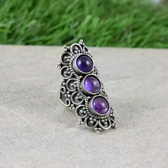Genuine Amethyst Ring, Sterling Silver Ring,Three Stone Ring, Purple Gemstone Ring, Dainty Ring, Designer Ring, Minimalist Ring,Gift For Her