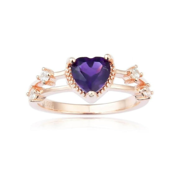 Genuine Amethyst Ring for Women – Sterling Silver, Rose Gold Plated Heart with White Sapphire Accents, Split Band – February Birthstone Jewelry Gift