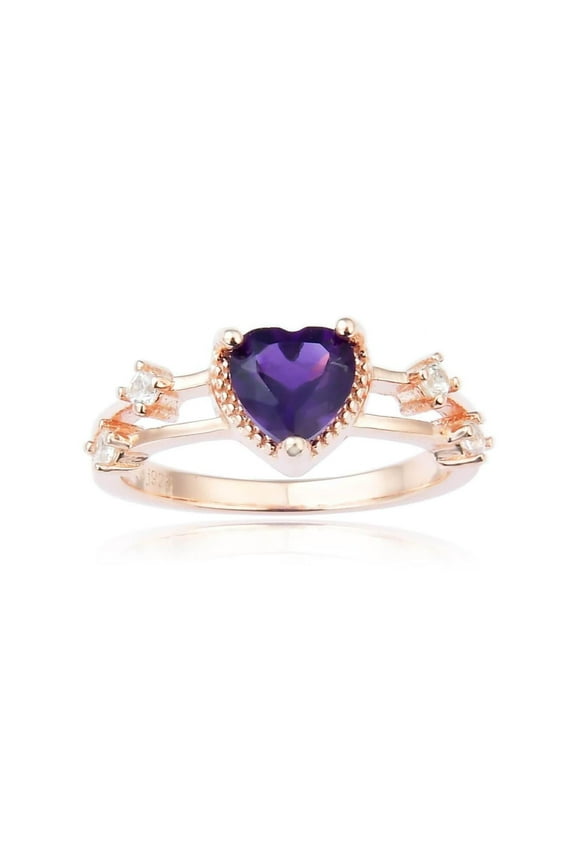 Genuine Amethyst Ring for Women – Sterling Silver, Rose Gold Plated Heart with White Sapphire Accents, Split Band – February Birthstone Jewelry Gift