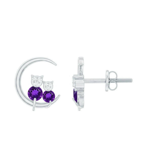 Rosec Jewels Genuine Amethyst and Diamond Cat Moon Stud Earrings- AAA Quality, 18K White Gold