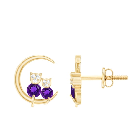 Rosec Jewels Genuine Amethyst and Diamond Cat Moon Stud Earrings- AAA Quality, 18K Yellow Gold