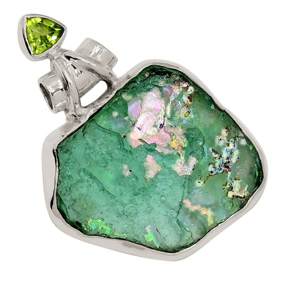 Genuine Antique Roman Glass & Peridot 925 Silver Pendant Jewelry ALLP-28869