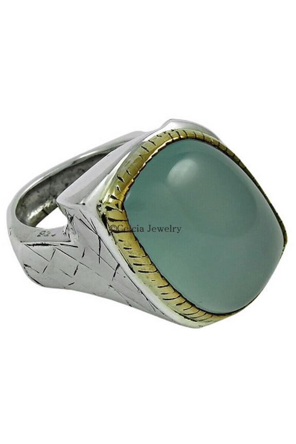 Genuine Aqua Chalcedony Fine Jewelry, Boho Chic Ring, Amazing Ring, Western Ring, Ultimate Ring, Dainty Ring, Bohemian Metaphysical Gifts, Two Tone Ring (Aqua-Chalcedony, Size 7)