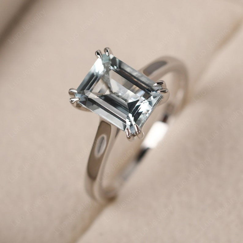 Genuine Aquamarine Promise Ring, Emerald Cut 7x9mm, Silver March ...