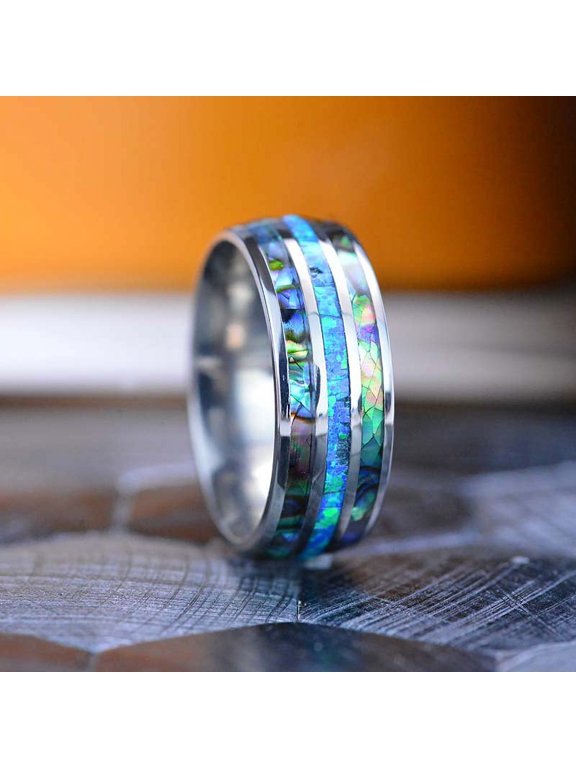 Genuine Australian Blue Fire Opal With Abalone Shell Titanium Ring For Him For Her, Size 10