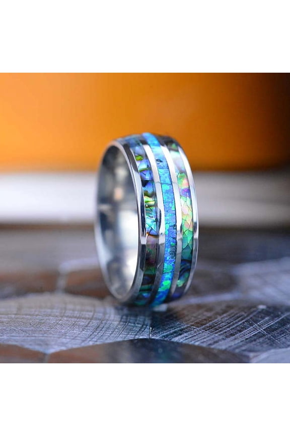 Genuine Australian Blue Fire Opal With Abalone Shell Titanium Ring For Him For Her, Size 10
