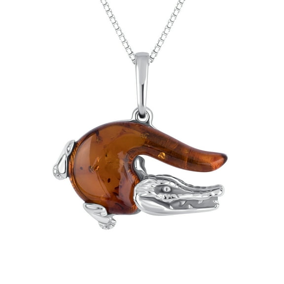 Genuine Baltic Amber Alligator Pendant Necklace in Sterling Silver, 18"