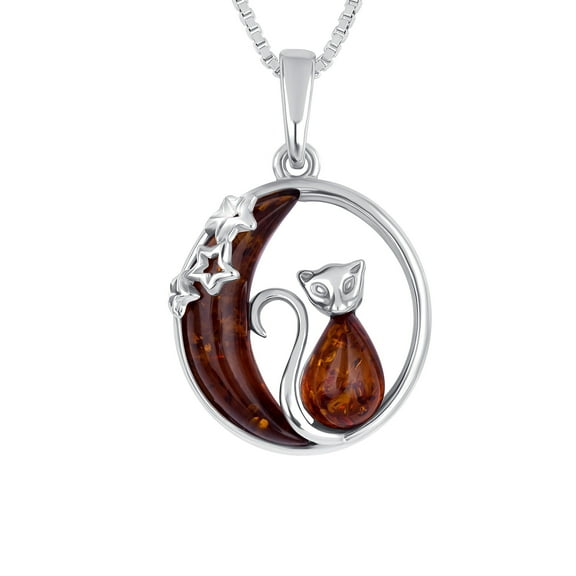 Genuine Baltic Amber Cat and Moon Pendant Necklace in Sterling Silver, 18"