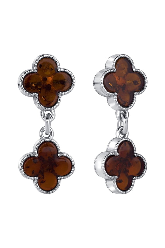 Genuine Baltic Amber Four Leaf Clover Earrings in Sterling Silver