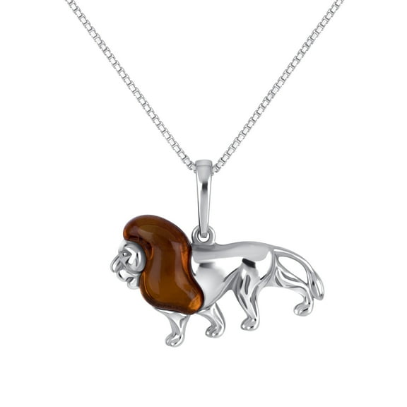 Genuine Baltic Amber Lion Pendant Necklace in Sterling Silver, 18"