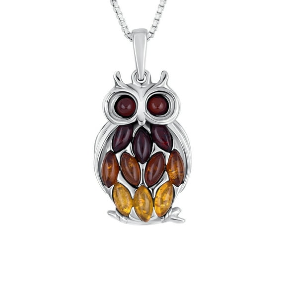 Genuine Baltic Amber Multicolor Owl Pendant Necklace in Sterling Silver, 18"