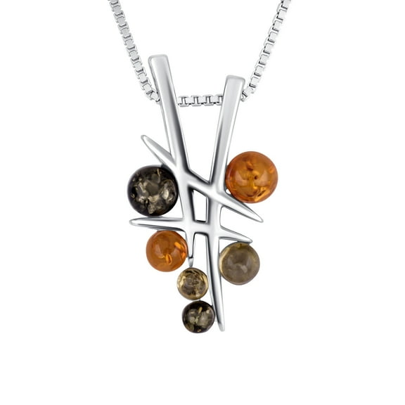 Genuine Baltic Amber Multicolor Pendant Necklace in Sterling Silver, 18"