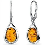 Genuine Baltic Amber Pendant Necklace, Earrings And Bracelet In Sterling Silver, Floating Oval Shape Design, Rich Cognac Color