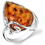 Genuine Baltic Amber Ring For Women 925 Sterling Silver, Large Teardrop Shape, Rich Cognac Color Sizes 5 To 9