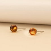 Genuine Baltic Amber Stud Earrings 925 Sterling Silver, 5-7Mm Solitaire, Rich Cognac Color, Friction Backs