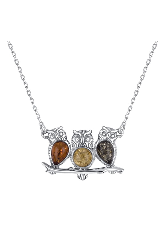 Genuine Baltic Amber Three Owls Pendant Necklace in Sterling Silver