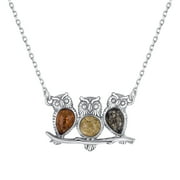 Genuine Baltic Amber Three Owls Pendant Necklace in Sterling Silver