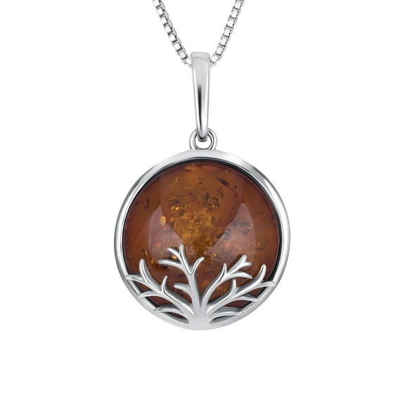 Genuine Baltic Amber Tree Pendant Necklace in Sterling Silver, 18"