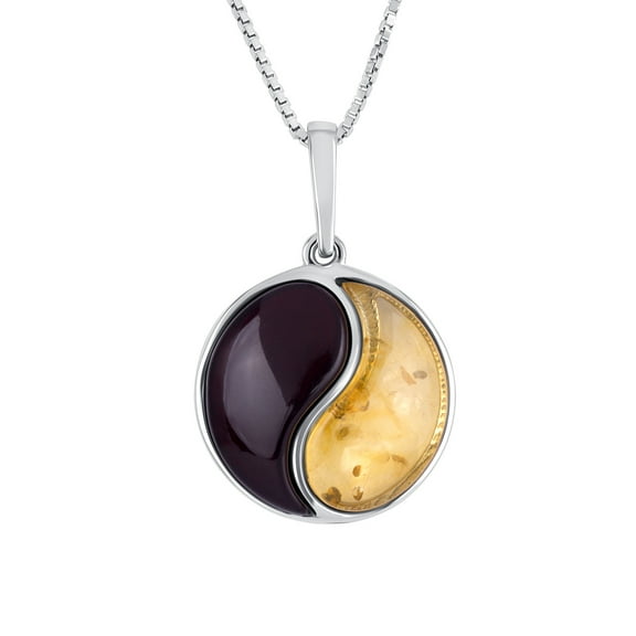 Genuine Baltic Amber Yin Yang Pendant Necklace in Sterling Silver, 18"