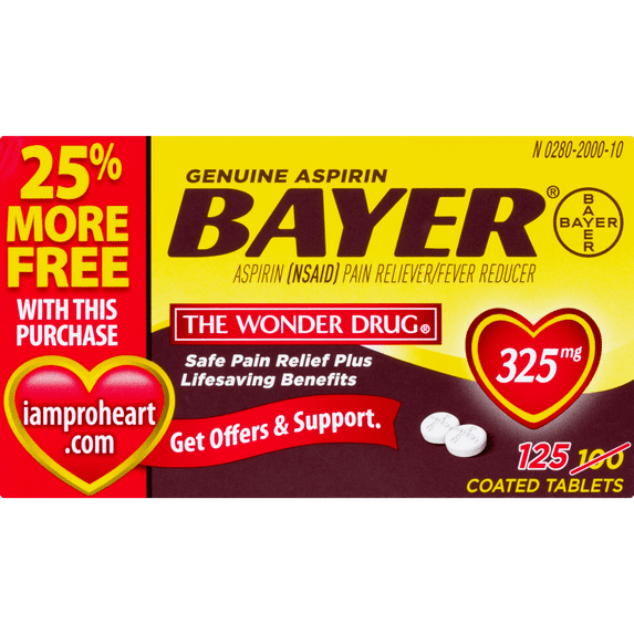 Genuine Bayer Aspirin, 325mg Coated Tablets, 125ct (100+25 Bonus)