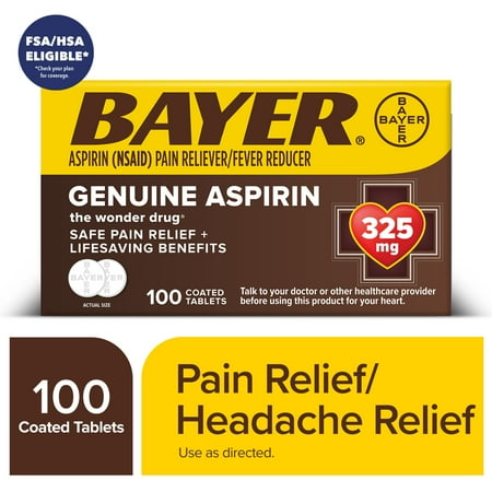 Genuine Bayer Aspirin Pain Reliever / Fever Reducer 325mg Coated Tablets, 100 Count