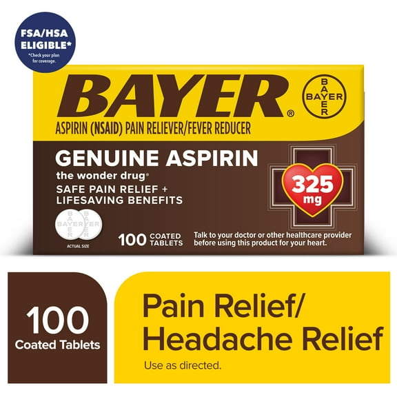Bayer Genuine Aspirin 325 mg Coated Tablets for Multi-symptom Pain Relief and Headache Relief, 100 Count