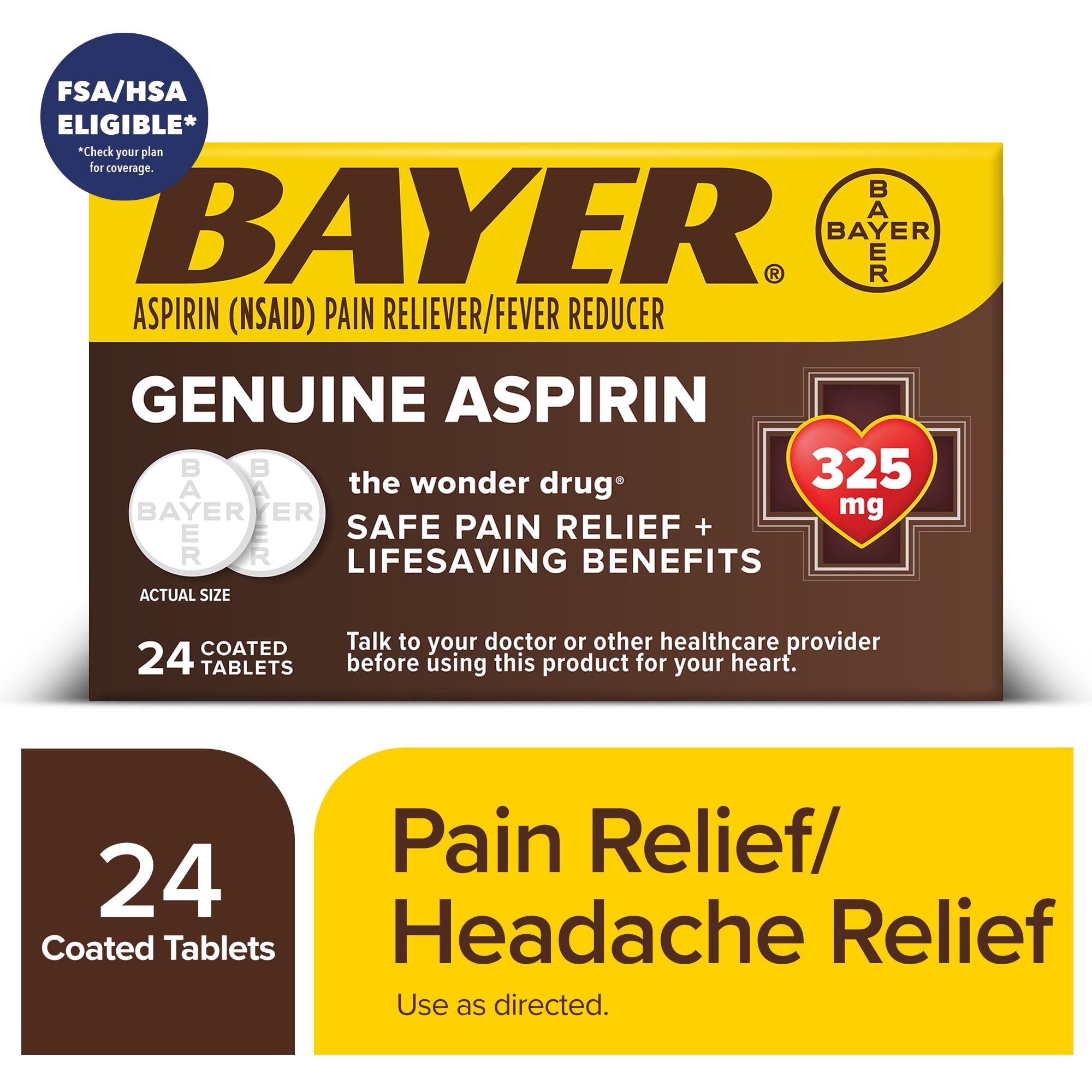Bayer Genuine Aspirin 325 mg Coated Tablets for Multi-symptom Pain