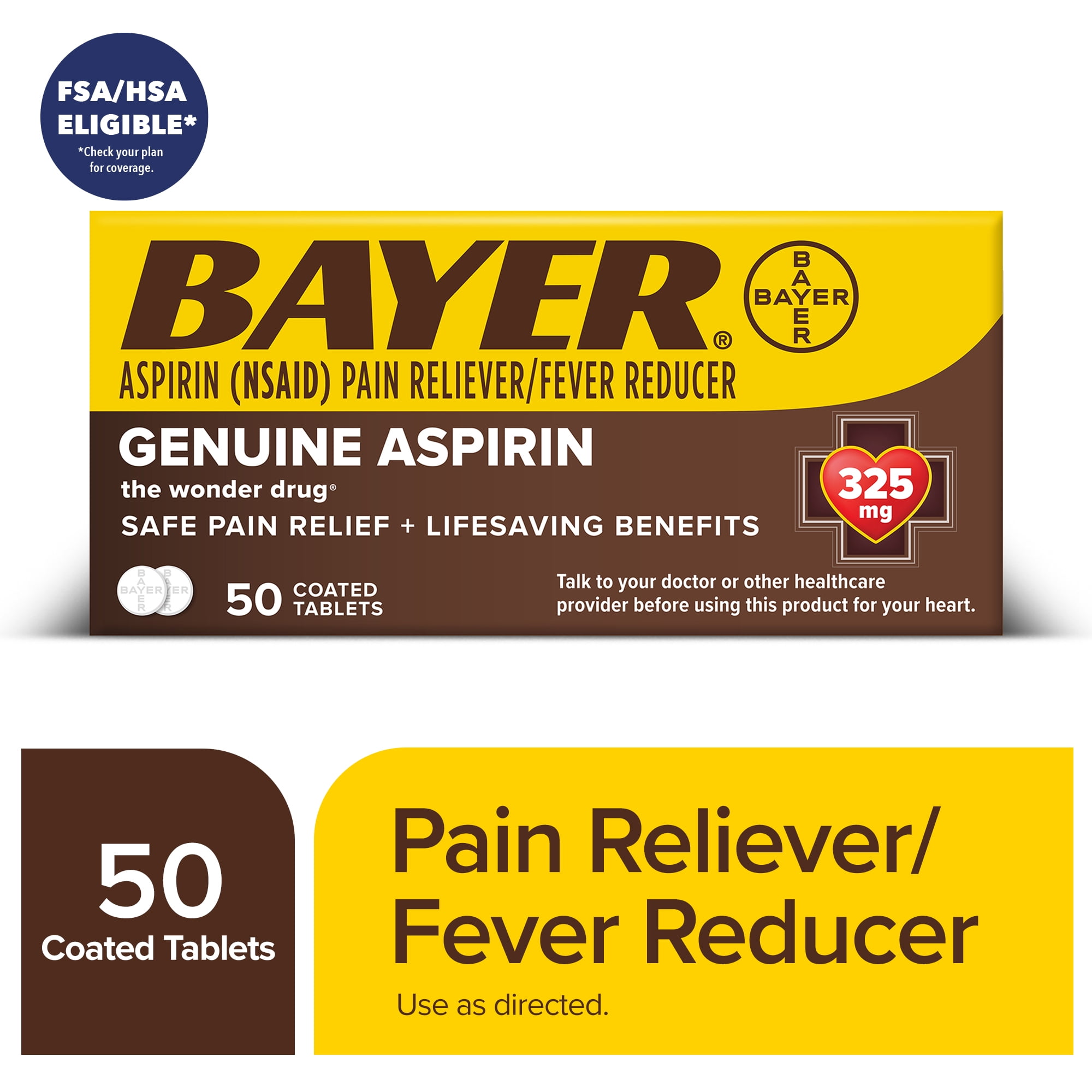 Genuine Bayer Aspirin Pain Reliever / Fever Reducer 325mg Coated Tablets, 50 Count
