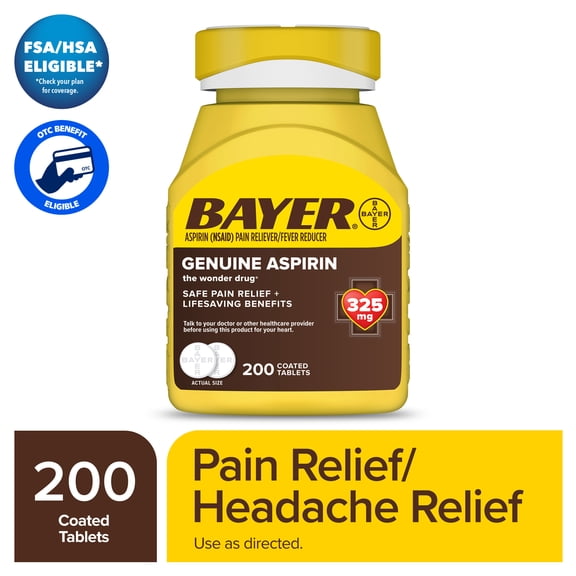 Bayer Genuine Aspirin 325 mg Coated Tablets for Multi-symptom pain relief and Headache Relief, 200 Count