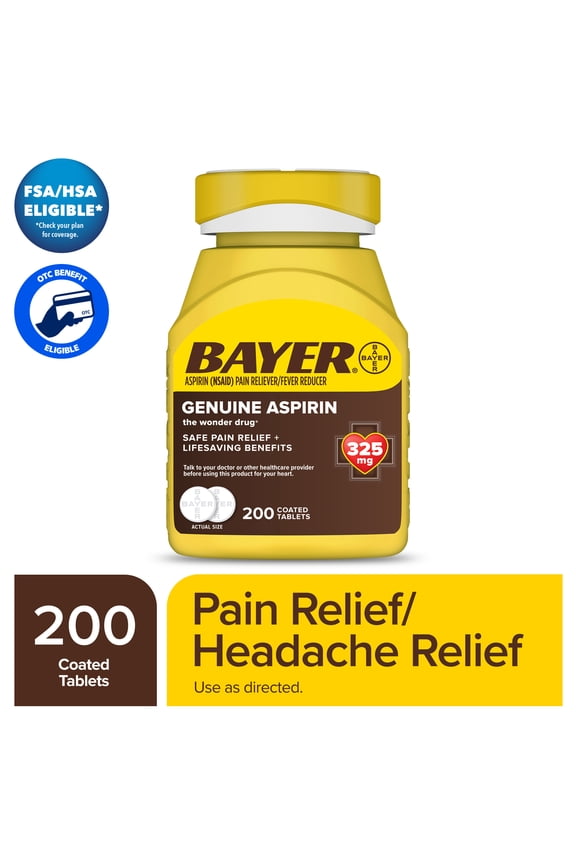Genuine Aspirin 325 mg Coated Tablets for Multi-symptom pain relief and Headache Relief, 200 Count