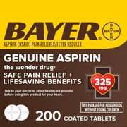Genuine Bayer Aspirin Pain Reliever/Fever Reducer Coated Tablets, 325 mg, 200 Count
