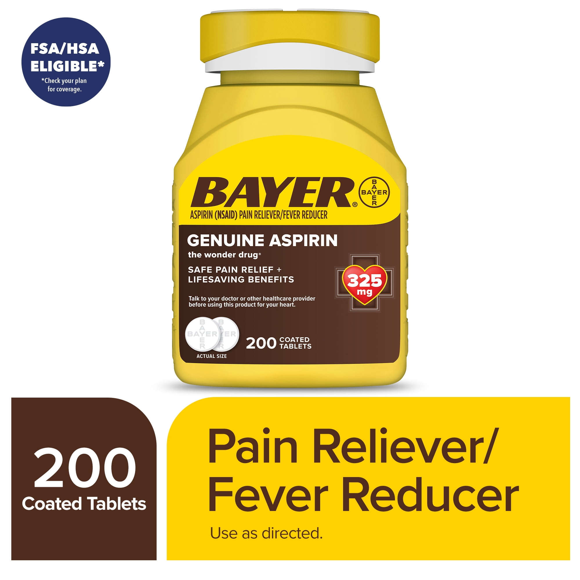 Genuine Bayer Aspirin Pain Reliever/Fever Reducer Coated Tablets, 325 mg, 200 Count