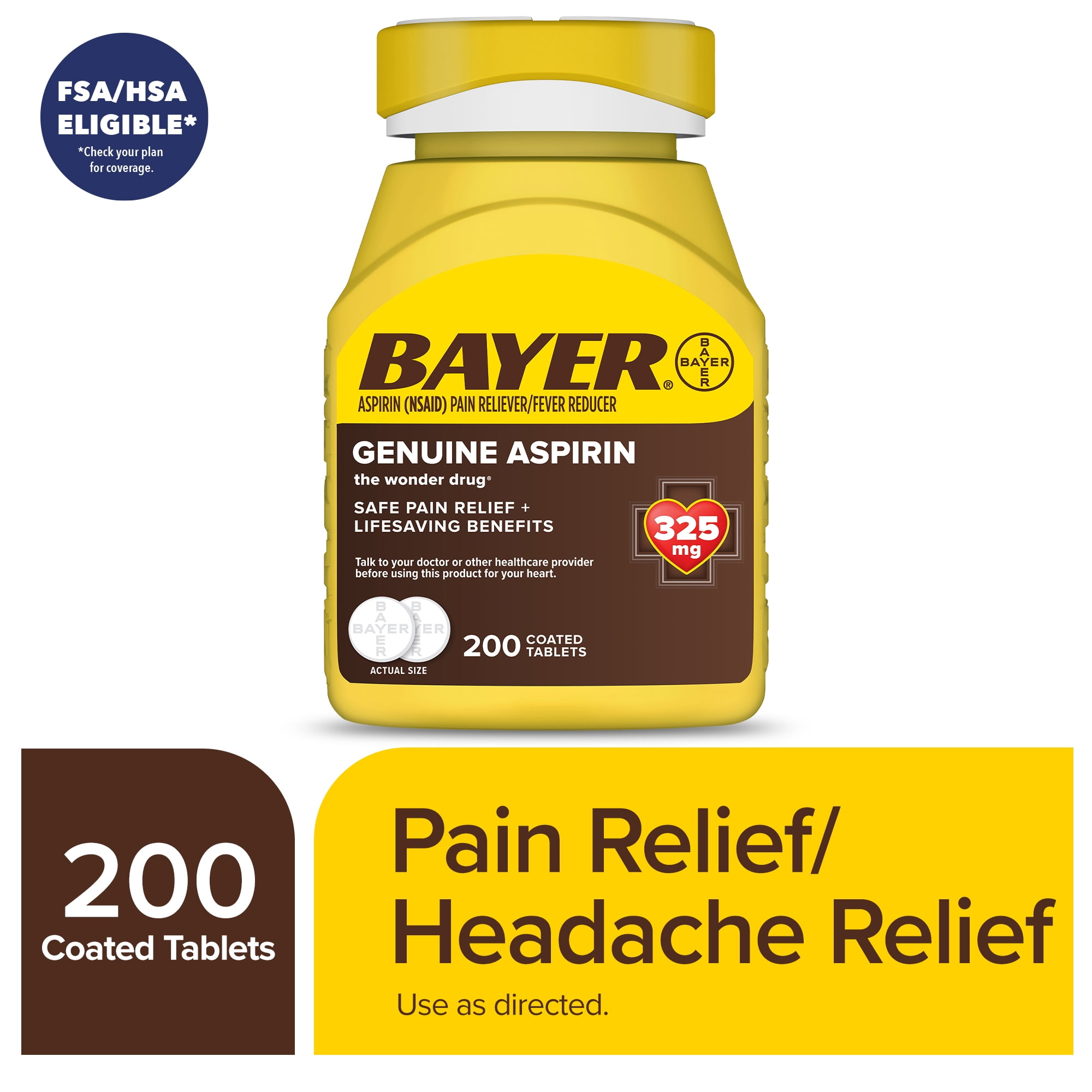 Bayer Genuine Aspirin 325 mg Coated Tablets for Multi-symptom pain relief and Headache Relief, 200 Count