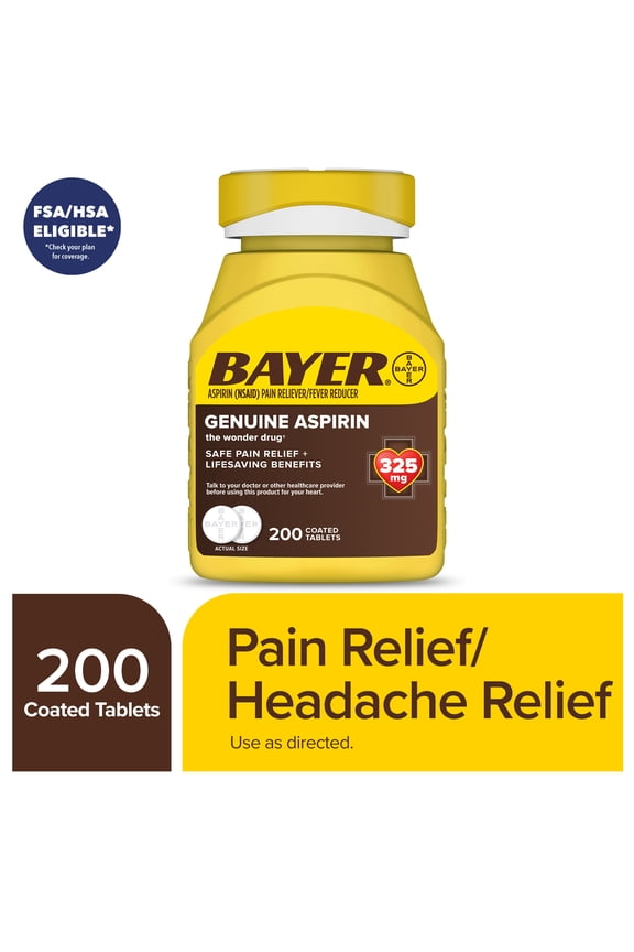 Genuine Aspirin 325 mg Coated Tablets for Multi-symptom pain relief and Headache Relief, 200 Count