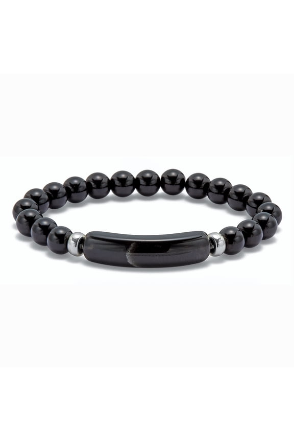 Genuine Black Agate Beaded Silvertone Stretch Bracelet 7-inch