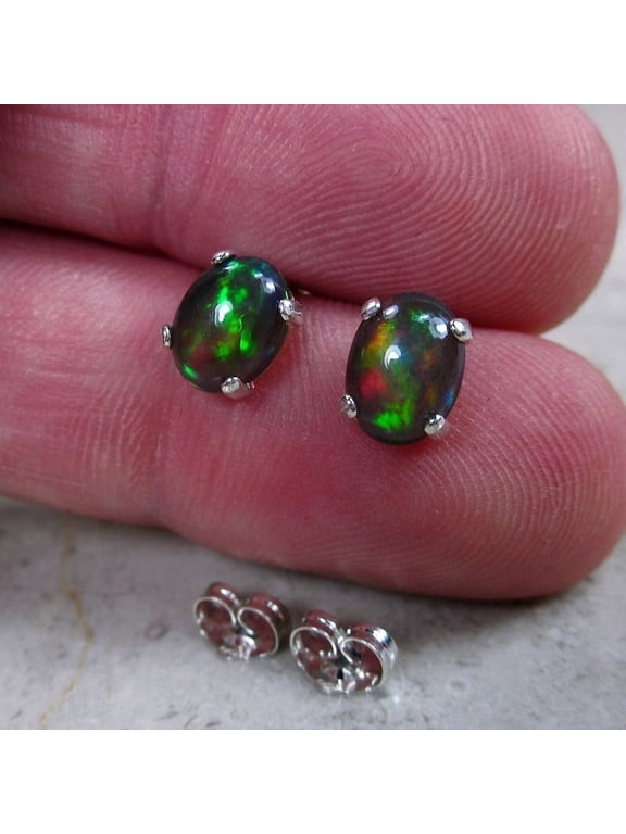 Sterling Silver Genuine Black Fire Opal Earrings, Natural Opal Stud Earrings, Best Jewelry Gifts for Her