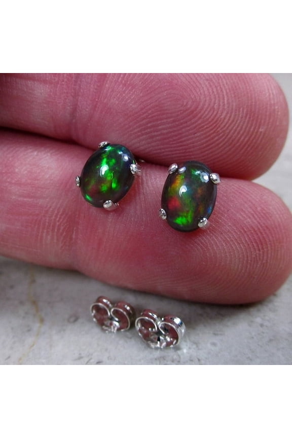 Sterling Silver Genuine Black Fire Opal Earrings, Natural Opal Stud Earrings, Best Jewelry Gifts for Her