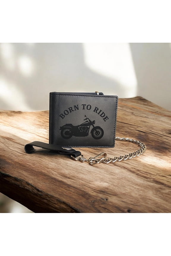 Genuine Black Leather Biker Wallet With Chain Bi-Fold Trucker Wallet Born to Ride by Mdream