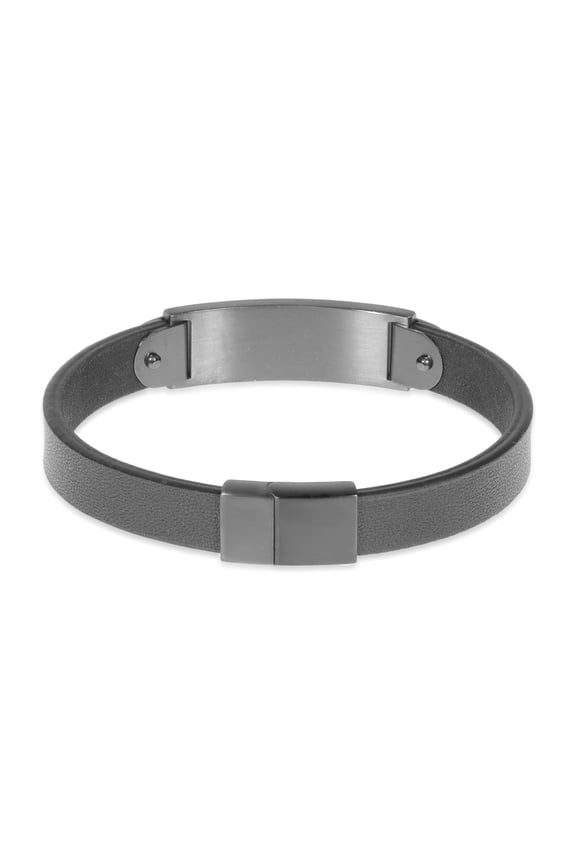 Genuine Black Leather and Black Ion Plated Stainless Steel ID Bracelet