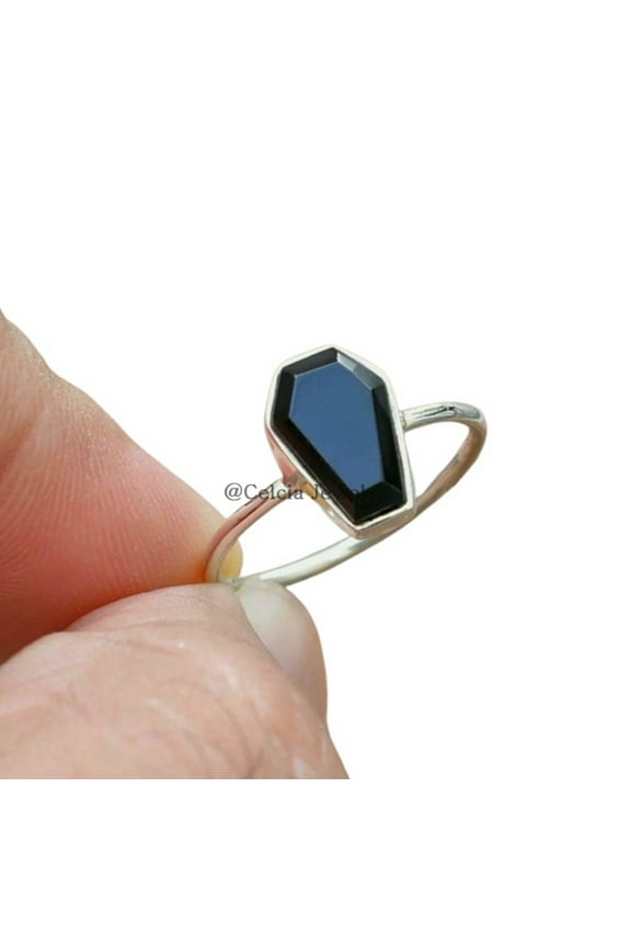Genuine Black Onyx Gemstone Coffin Ring, 925 Sterling Silver, Promise Ring, Unisex Handmade Fine Jewelry, Promise Ring, Statement Ring, Anniversary Gifts For Dad Mom (Black Onyx, Size 7)